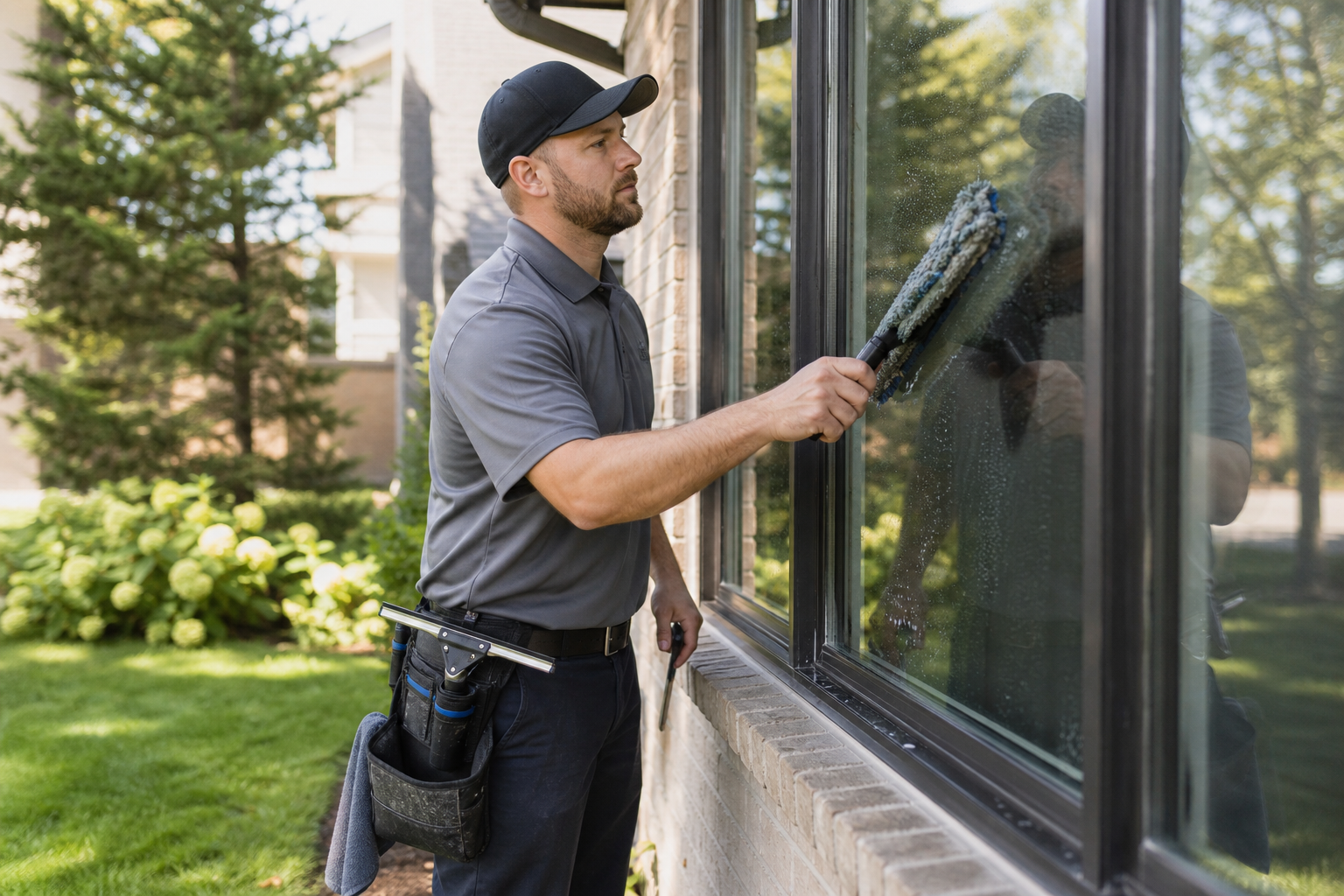 Window Cleaner Cleaning Residential Home on GrassDescription The image depicts
